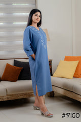 BLUE COTTON EMBROIDERA LONG DRESS