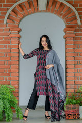 VIGO ELEGANCE MAROON & BLACK FULLY IKAT COTTON KURTA SET