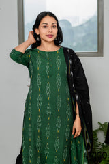 VIGO ELEGANCE GREEN & BLACK FULLY IKAT COTTON KURTA SET