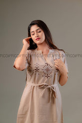 BROWN ELARA | COTTON EMBROIDERY MIDI FROCK