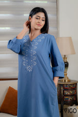 BLUE COTTON EMBROIDERA LONG DRESS