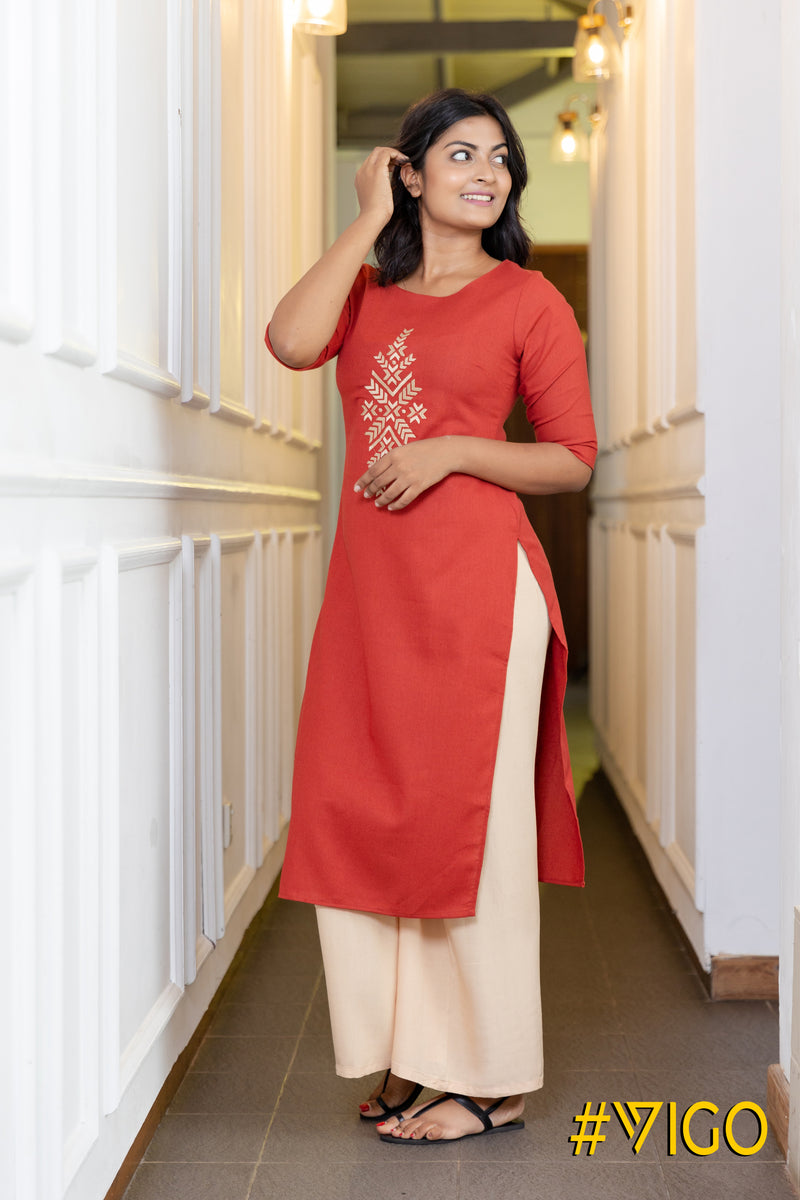 RED FANCY STRAIGHT KURTI