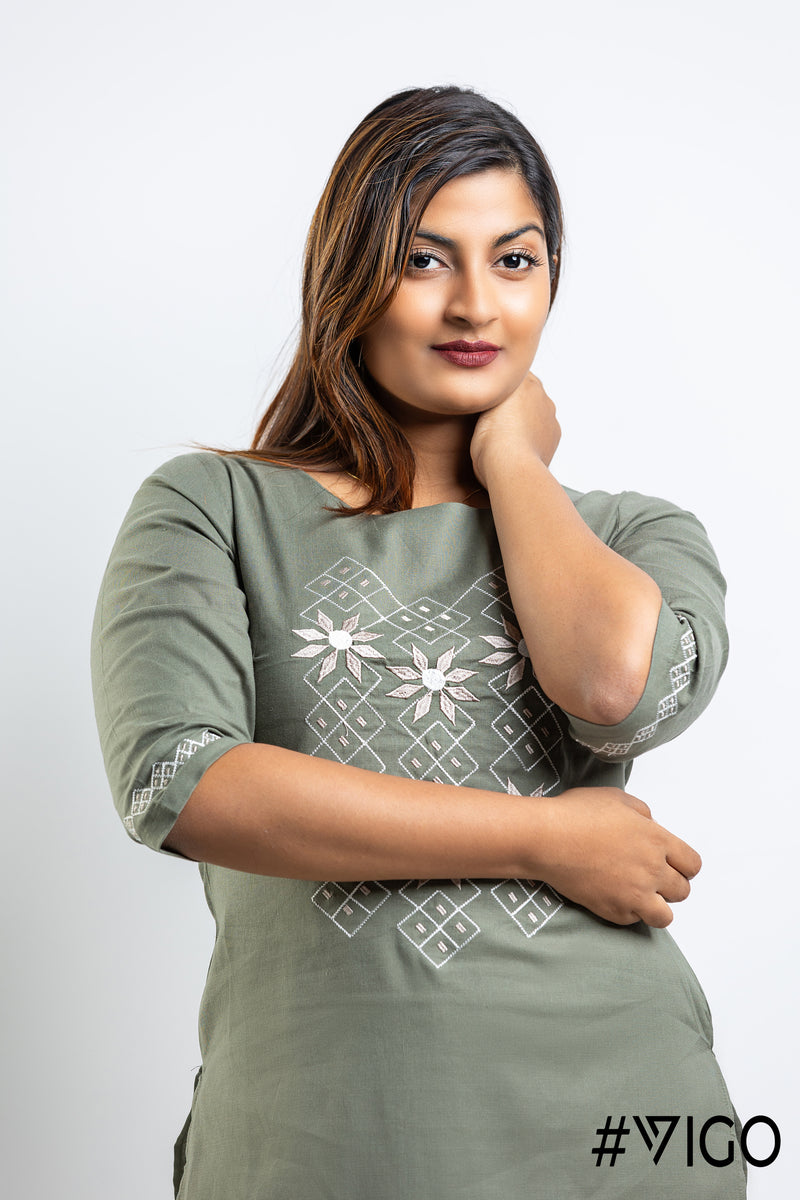 Blooms Embroidered Kurti Sage Green