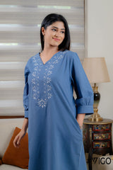 BLUE COTTON EMBROIDERA LONG DRESS