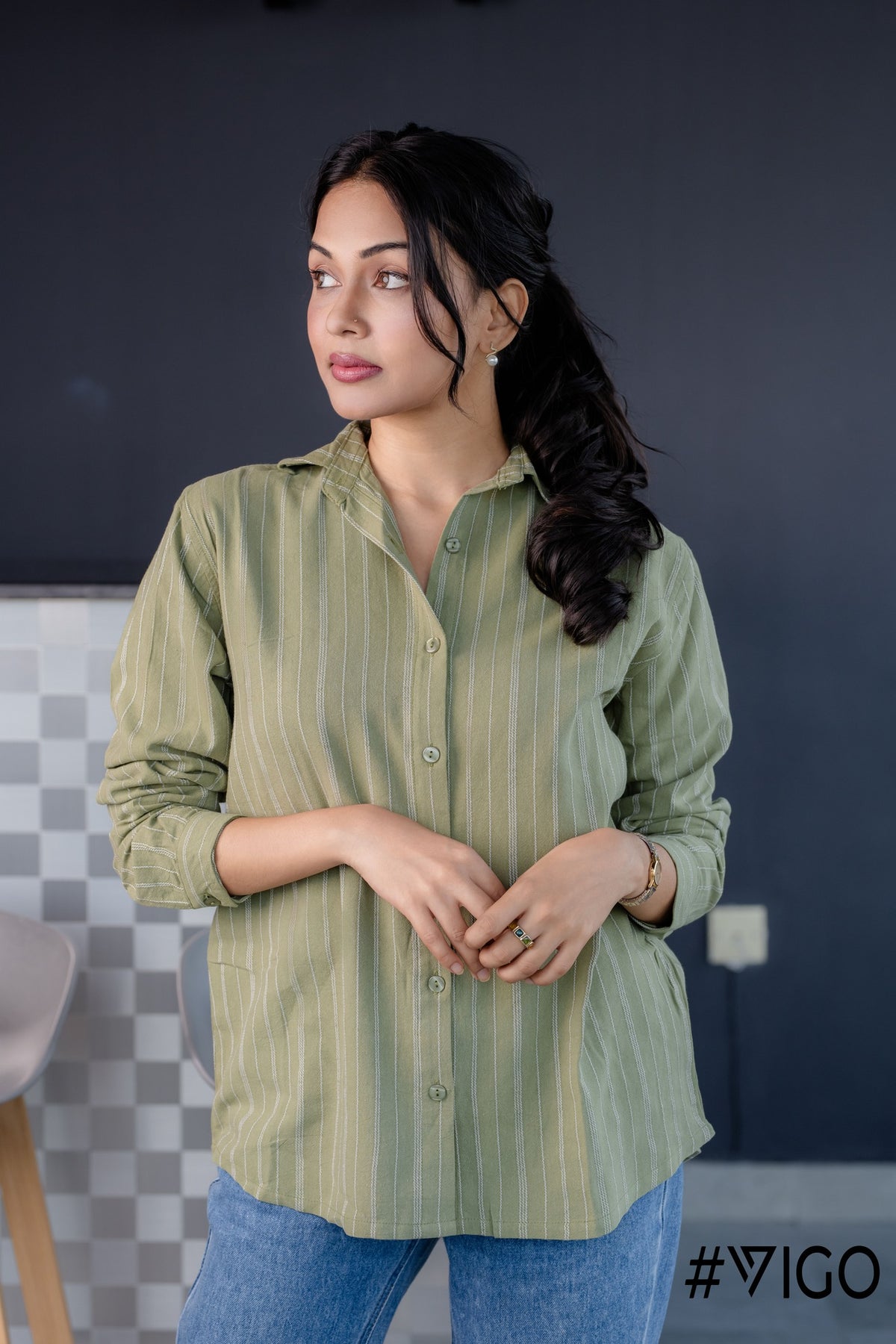 REGULAR SEA GREEN STRIPED SHIRT