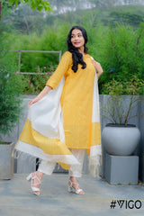 COTTON BLEND YELLOW  KURTA - PANT & DUPATTA