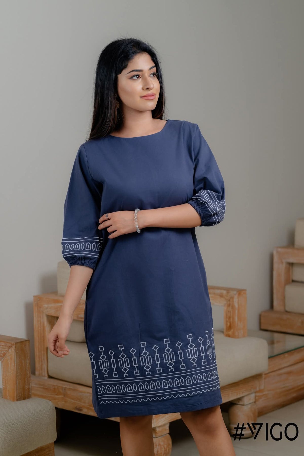 DARK SLATE BLUE COTTON EMBROIDERA DRESS