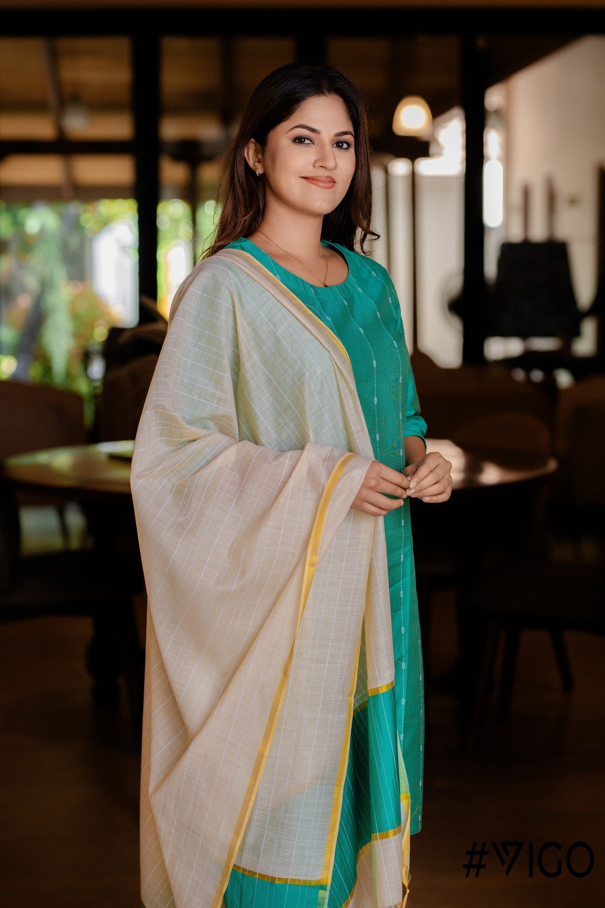 COTTON BLEND TEAL GREEN  KURTA - PANT & DUPATTA