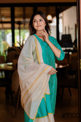 COTTON BLEND TEAL GREEN  KURTA - PANT & DUPATTA