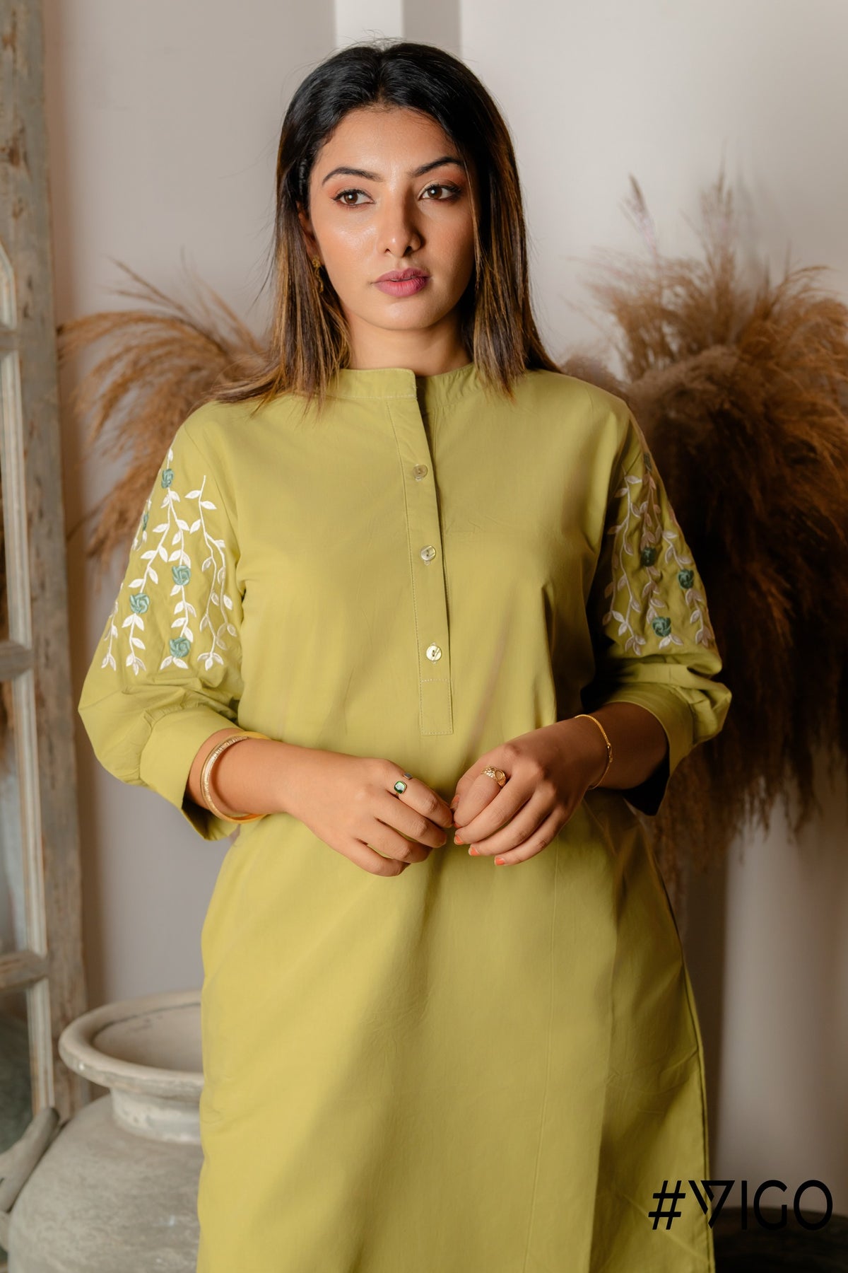 GREEN COTTON EMBROIDERA DRESS
