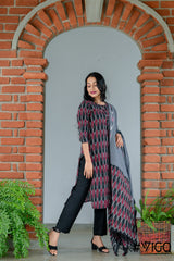 VIGO ELEGANCE MAROON & BLACK FULLY IKAT COTTON KURTA SET