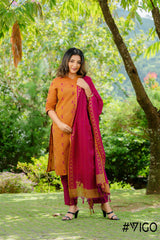 VIGO ELEGANCE YELLOW & MAGENTA FULLY COTTON KURTA SET