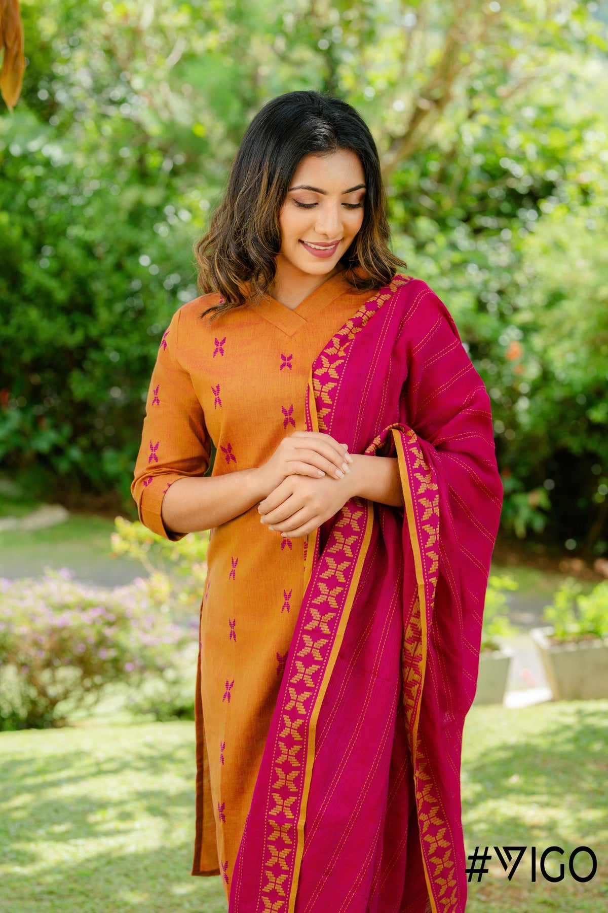 VIGO ELEGANCE YELLOW & MAGENTA FULLY COTTON KURTA SET