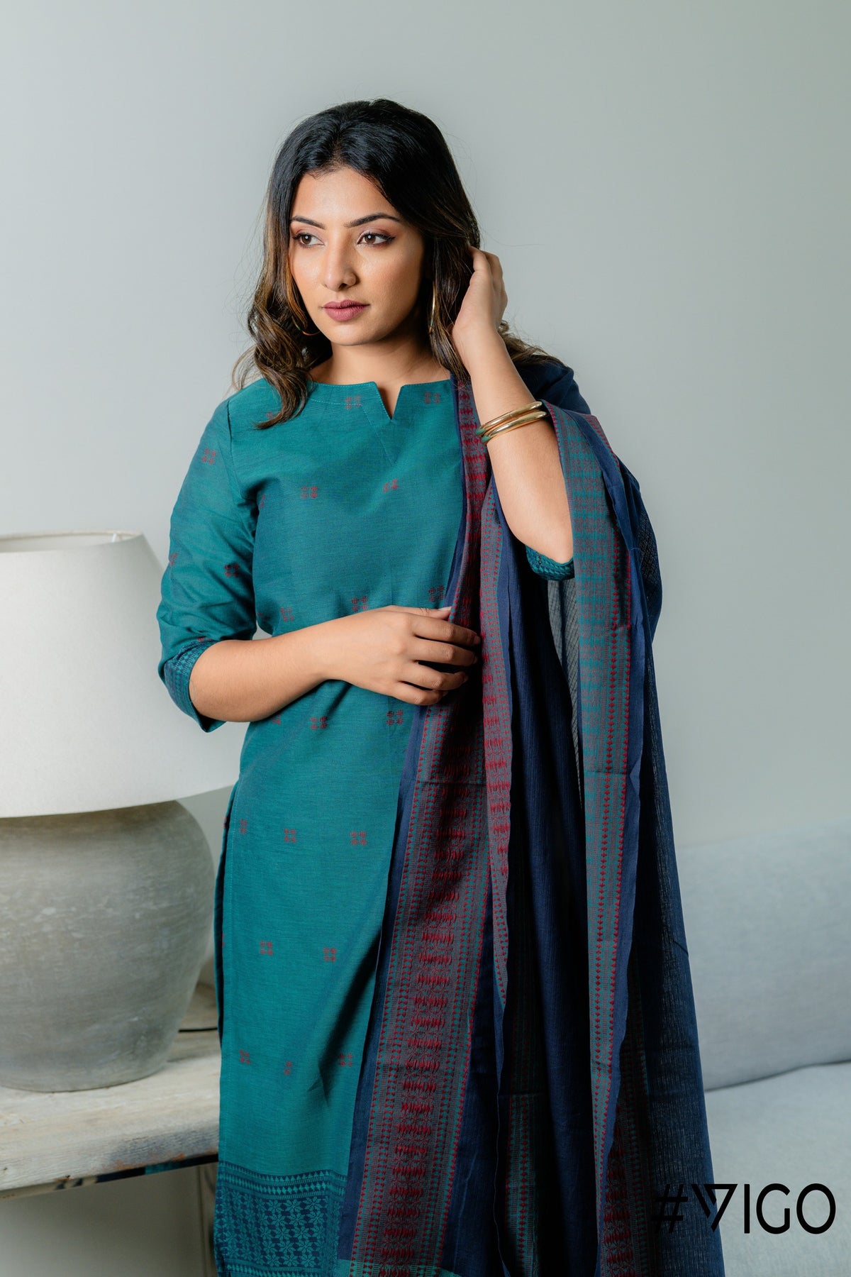 VIGO TEAL GREEN ELEGANCE FULLY COTTON KURTA SET