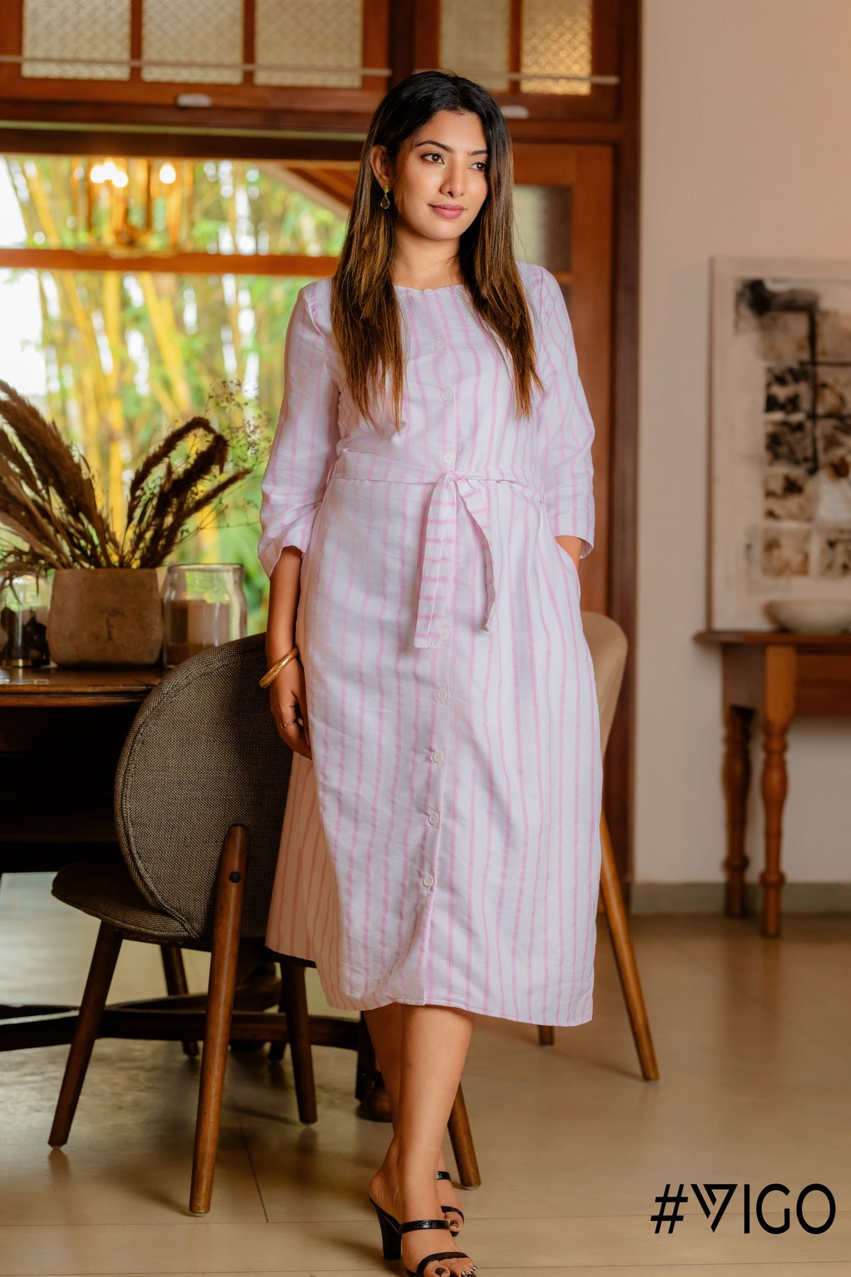 VIGO PASTEL PINK STRIPE BUTTON-DOWN DRESS