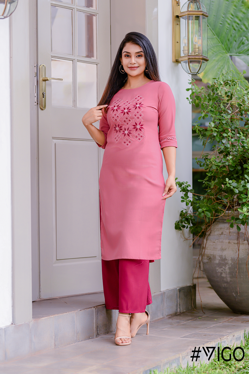 Blooms Embroidered Kurti in Cerise