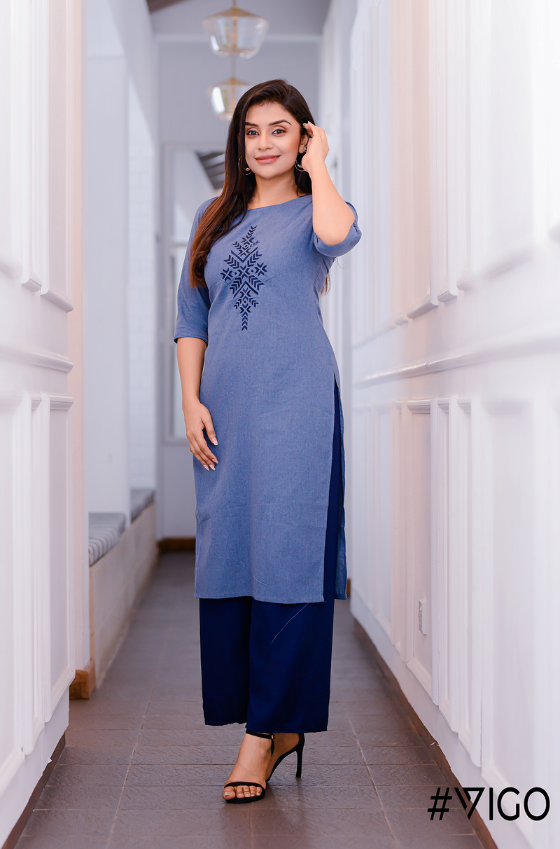 Embroidered Classic Kurti in Tranquil