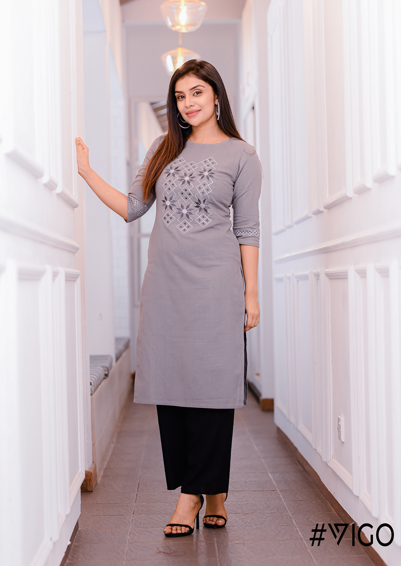 Blooms Embroidered Kurti in Misty Grey