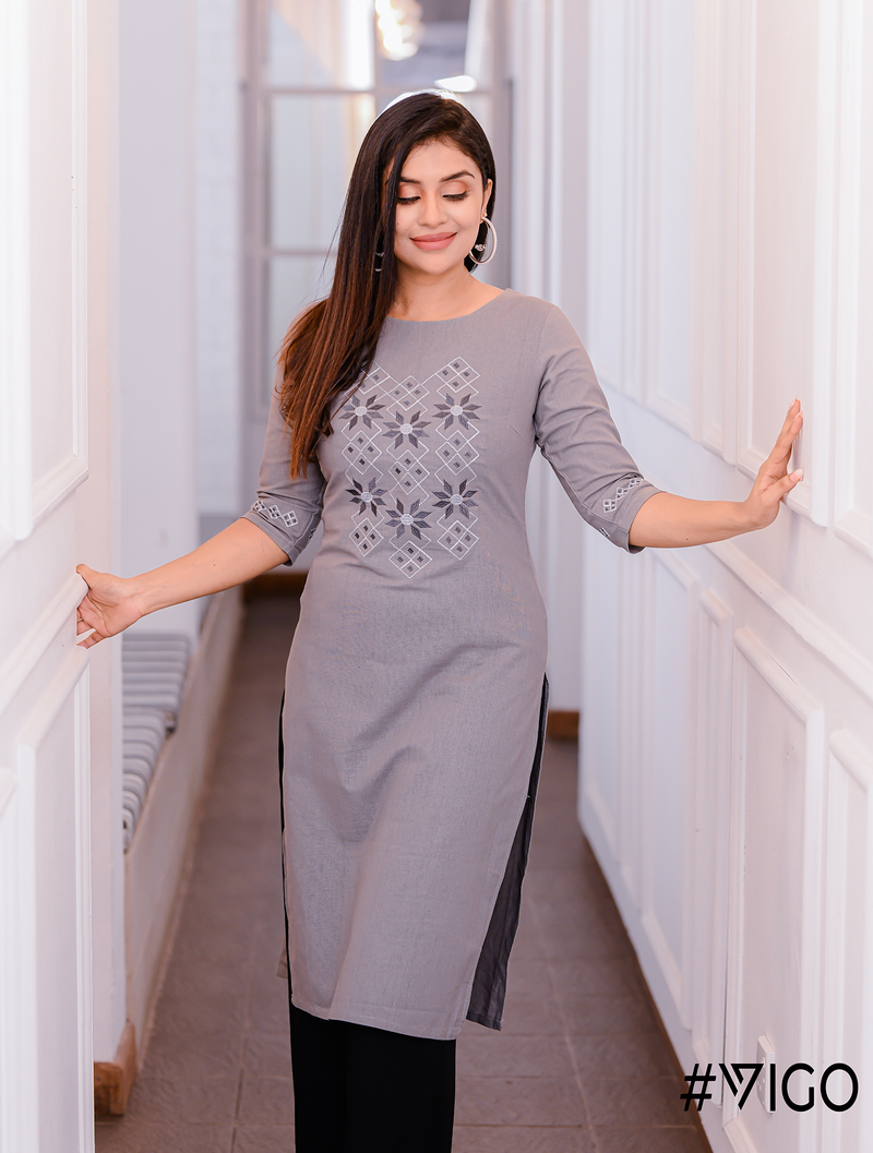 Blooms Embroidered Kurti in Misty Grey