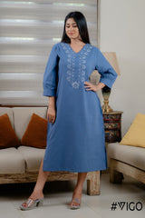 BLUE COTTON EMBROIDERA LONG DRESS